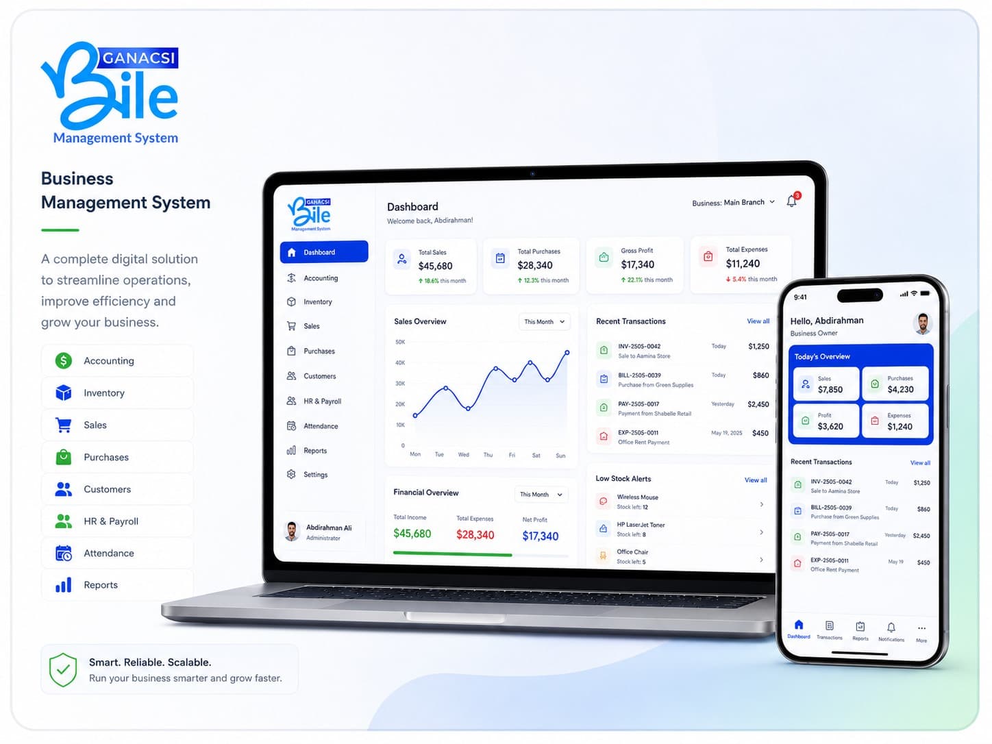 Ganacsi Bile business management dashboard and owner mobile app